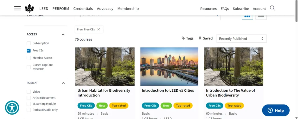 USGBC free CE courses listing filtered by Free CEs, 2026