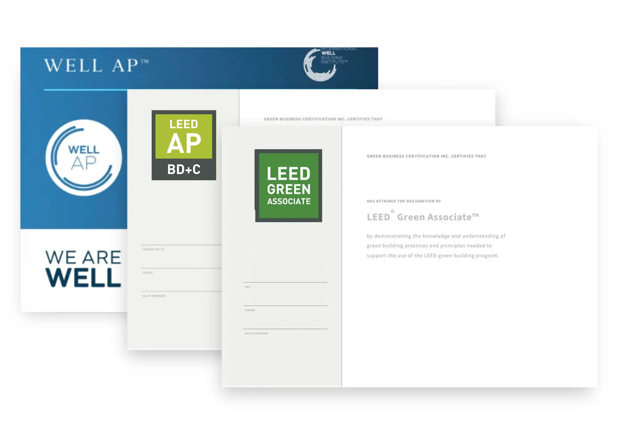 LEED Green Associate, LEED AP BD+C and WELL AP certificates