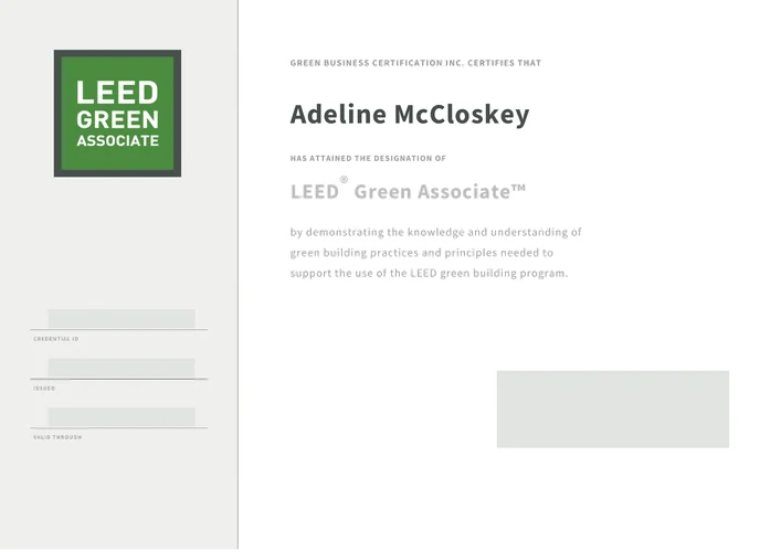 Adeline McCloskey LEED Green Associate certificate issued by Green Business Certification Inc.