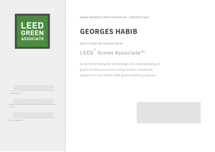 Georges Habib LEED Green Associate certificate issued by Green Business Certification Inc.