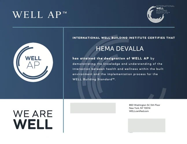 Hema Devalla WELL AP certificate issued by the International WELL Building Institute