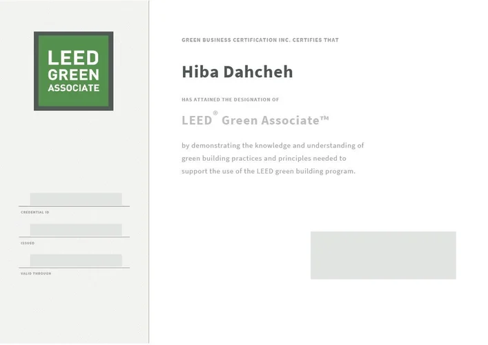 Hiba Dahcheh LEED Green Associate certificate issued by Green Business Certification Inc.