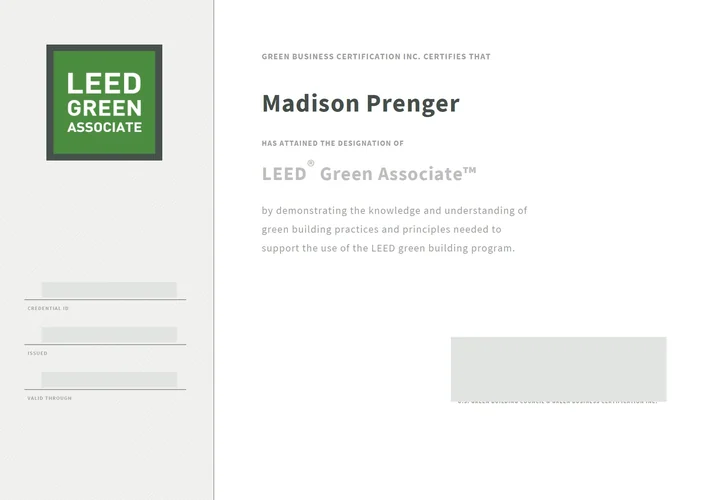 Madi Prenger LEED Green Associate certificate issued by Green Business Certification Inc.
