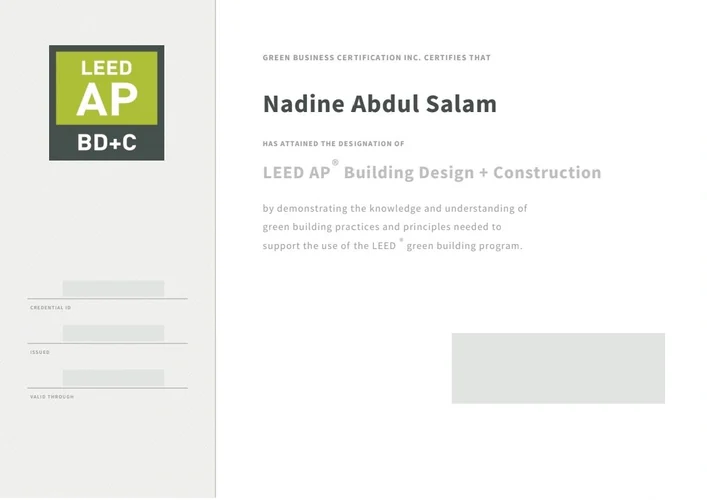 Nadine Abdul Salam LEED AP Building Design and Construction certificate issued by Green Business Certification Inc.