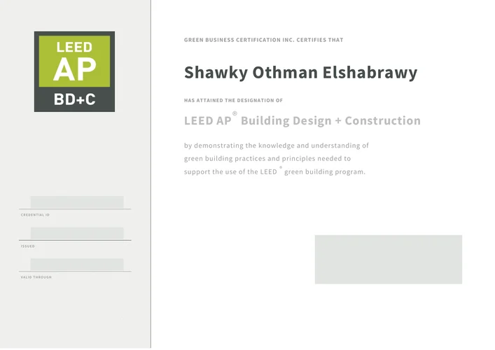 Shawky Elshabrawy LEED AP Building Design and Construction certificate issued by Green Business Certification Inc.