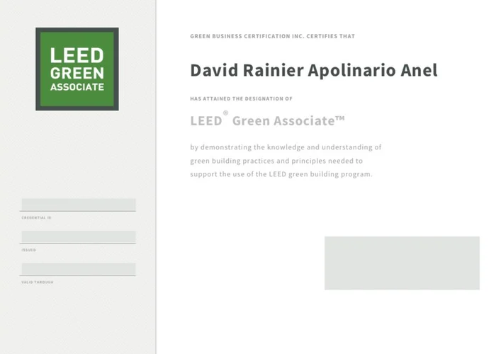David A&ntilde;el LEED Green Associate certificate issued by Green Business Certification Inc.