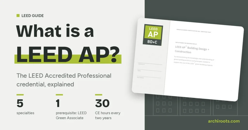 What is a LEED AP? A LEED AP BD+C certificate next to three facts: 5 specialties, 1 prerequisite (the LEED Green Associate) and 30 CE hours every two years