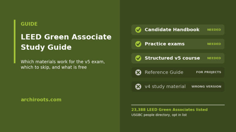 LEED Green Associate study guide cover showing which study materials are needed and which to skip for the v5 exam