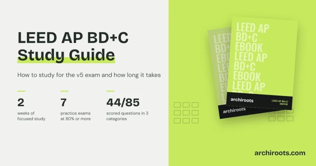 LEED AP BD+C study guide: 2 weeks of focused study, 7 practice exams passed at 80 percent or more, and 44 of the 85 scored questions in 3 categories, with the free LEED AP BD+C ebook